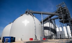 Biomass fuel storage tanks stand in the Drax power station near Selby.