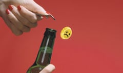 A bottle cap with a sad face being flipped off a beer bottle