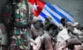 A photo illustration of a soldier, seated people and a flag