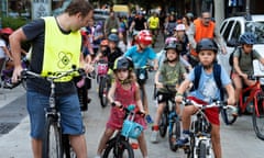 The group of bicibús school commuters, including Genís Domínguez (in yellow vest)