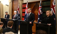 Australia’s foreign minister Penny Wong (left) and defence minister Richard Marles (second from right) and) meet with their New Zealand counterparts, Winston Peters and Judith Collins, in Melbourne on Thursday.