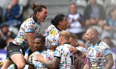 Leigh players celebrate after Edwin Ipape’s try against Wakefield Trinity on Magic Weekend