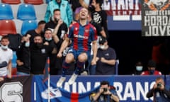 Levante's forward Roberto Soldado celebrates after scoring the first goal for Levante in their 2-0 win over Real Mallorca.