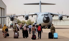 British nationals about to board an RAF aircraft in Khartoum, Sudan, last week, for evacuation to Larnaca in Cyprus, 26/04/23.