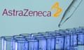 Test tubes in front of an AstraZeneca logo