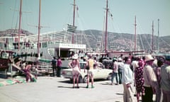 Harbour busy with people and boats, ferry ship boarding, Kos, Greece 1970s<br>2BN3RF7 Harbour busy with people and boats, ferry ship boarding, Kos, Greece 1970s