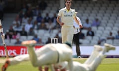 The Australia captain, Pat Cummins, reacts after Cameron Green dropped Shardul Thakur of India