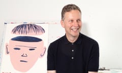 David Shrigley with his painting of a person with their head opening like a jar, plus caption: 'Their empty heads provide us with great opportunity'