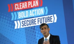 Rish Sunak speaks in front of a blue backdrop upon which is written 'clear plan, bold action, secure future'
