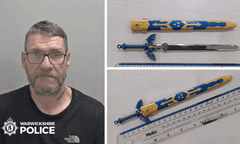 Composite picture provided by police showing Anthony Bray and two pictures of a miniature sword with a colourful scabbard, one of them showing its length against a ruler