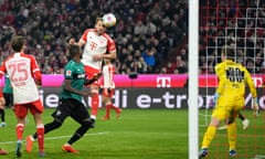 Harry Kane heads in his second goal for Bayern Munich against Stuttgart