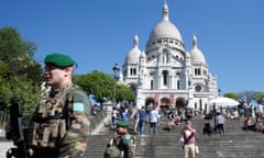 Soldiers on patrol at Sacre Coeur church in Montmartre, Paris.