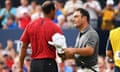 147th Open Championship - Final Round<br>CARNOUSTIE, SCOTLAND - JULY 22:  Francesco Molinari of Italy (R) is congratulated by Tiger Woods of the United States after a birdie on the 18th hole during the final round of the 147th Open Championship at Carnoustie Golf Club on July 22, 2018 in Carnoustie, Scotland.  (Photo by Harry How/Getty Images)