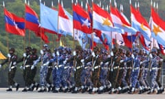 Soldiers parade during a ceremony to mark the 75th anniversary of the country's Union Day in Naypyidaw in 2022.