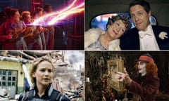 (clockwise from top left) Ghostbusters; Meryl Streep and Hugh Grant in Florence Foster Jenkins; Jennifer Lawrence in X:Men: Apocalypse; Johnny Depp in Alice through the Looking Glass.
