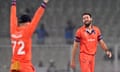 Netherlands' Paul van Meekeren celebrates after wrapping up victory over Bangladesh