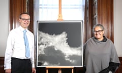 Sir Simon McDonald and Tacita Dean with the print of the artwork to be sent to government offices.