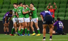 The Raiders celebrate a try