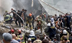 Rescue workers following Russia's attack on the Ohmatdyt children's hospital.