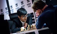 Praggnanandhaa Rameshbabu in action against Magnus Carlsen