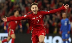 David Brooks celebrates after scoring the opener for Wales against Finland.