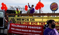 Sacramento California News, USA - 15 Jan 2021<br>Mandatory Credit: Photo by Jason Pierce/Sacramento Bee via ZUMA Wire/REX/Shutterstock (11714018a) Union organizer Jennifer Esteen speaks to a crowd that showed up to temporarily shut down a Burger King restaurant in south Sacramento on Friday, Jan. 15, 2021. SEIU 1021 union organized the event in support of Burger King employees who are demanding to be paid higher wages. Sacramento California News, USA - 15 Jan 2021