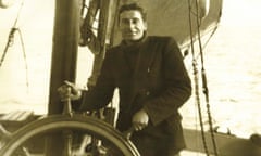 Jim Lawrence at the wheel of the Thames barge Memory, bound for Felixstowe in 1956. He skippered the Memory from 1954 to 1961