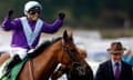 York Races<br>YORK, ENGLAND - AUGUST 19: Silvestre De Sousa riding Arabian Queen celebrates winning The Juddmonte International Stakes at York racecourse on August 19, 2015 in York, England. (Photo by Alan Crowhurst/Getty Images)