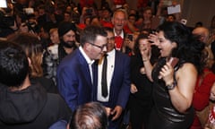 Premier Daniel Andrews (centre) arrives with his family during the Labor Party reception on Victorian State election night in Melbourne, Saturday, November 24, 2018. (AAP Image/Daniel Pockett) NO ARCHIVING