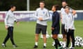 Phil Neville shares a joke with players and coaching staff at St George’s Park in Burton upon Trent in the run-up to England’s match against Wales on Friday. 