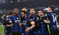 Internazionale players celebrates Hakan Calhanoglu’s penalty, converted at the second time of asking.