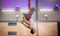 Rhik Samadder at a Flying Fantastic aerial yoga class in London Bridge, central London. 6 November 2019