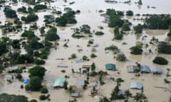 An aerial view shows the flooded area of Kalay, Sagaing Region, Upper Myanmar on August 1, 2015. Government declared Sagaing, Magway, Rakhine and Chin States as disaster zones on 31 July 2015. Severe flooding across Myanmar hampered rescue efforts on Saturday as thousands sheltered at monasteries after rising waters triggered by torrential rains killed at least 27 people, officials said. AFP PHOTO / SAI SAI ZAW/AFP/Getty Images