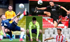 Clockwise from left: acrobatic shots from Southend’s Charlie Kelman and Salford City’s Ian Henderson, Steveange’s Luke Prosser and Exeter’s Joel Randall.