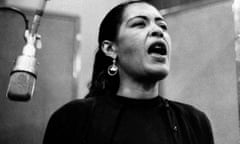 An undated photo of jazz singer Billie Holiday during a recording session