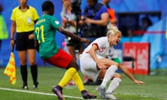 England’s Steph Houghton is the victim of a late challenge from Cameroon’s Alexandra Takounda.