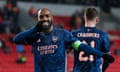 Alex Lacazette celebrates a lovely fourth goal for Arsenal.