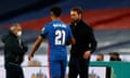 The England manager, Gareth Southgate, congratulates striker Ollie Watkins, who scored against San Marino on his international debut.