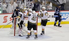 Marc-Andre Fleury (29) celebrates with team-mates after defeating the Winnipeg Jets