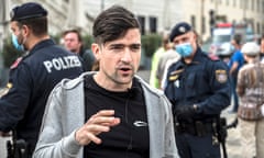 Martin Sellner, leader of the far-right Identitarian Movement Austria, at a demonstration on Friday against his government’s measures to slow down the spread of coronavirus.