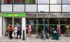 FILES-BRITAIN-ECONOMY-EMPLOYMENT<br>(FILES) People queue to enter a job centre in east London on July 20, 2016. The UK unemployment rate jumped to a two-year high in the three months to the end of June, official data showed on August 15, 2023, as the country grapples with stubbornly-high inflation and a cost of living crisis. The unemployment rate increased to 4.2 percent compared to 4.0 percent in the three months to the end of May, the Office for National Statistics (ONS) said in a statement. (Photo by Daniel LEAL / AFP) (Photo by DANIEL LEAL/AFP via Getty Images)