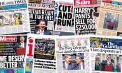 Paper composites of: The Times, Daily Express, Metro, The Sun, Financial Times, Mirror, i, The Daily Telegraph and The Guardian (7 March 2024).