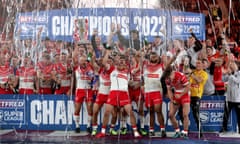 St Helens players and staff celebrate after winning the Super League Grand Final last September.