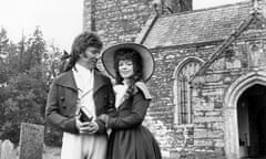 Robin Ellis as Ross Poldark and Angharad Rees as Demelza Carne outside St Winnow’s church, Lostwithiel, Cornwall