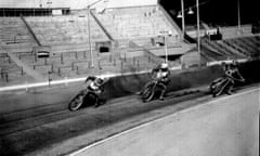The World Speedway Championships final at Wembley Stadium in 1957. From left to right; George White, Aage Hansen and Peter Craven.