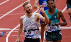 Scotland’s Josh Kerr gestures after winning the men's mile during the Prefontaine Classic on Saturday in Eugene, Oregon.