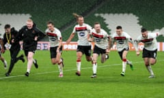 Dundalk players celebrate their Europa League qualifying win against KI Klaksvik on Thursday.