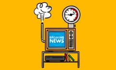 Illustration of TV with breaking news, emitting steam and with a dial on to red