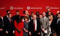 Jeremy Corbyn sings with attendees after his speech on the last day of the Labour party conference in Brighton on 27 September 2017