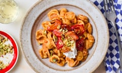 Rukmini Iyer’s roast red pepper orecchiette with pistachios and ricotta.